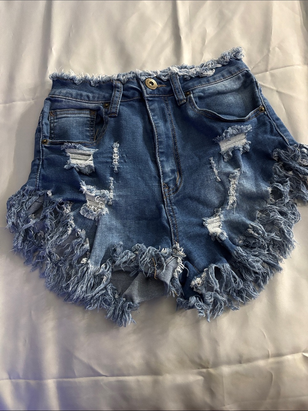 High-Rise Frayed Hem Distressed Denim Shorts - Blue